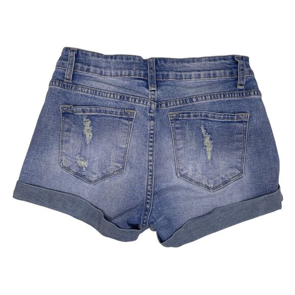KanCan Distressed Jean Shorts 3 25 Rolled Cuff High Rise Waist Blue Denim - Picture 2 of 3